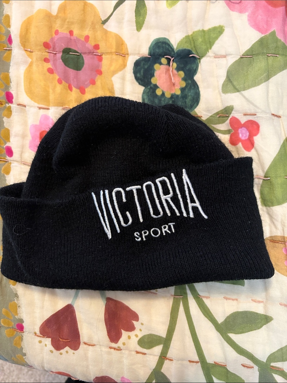 Victoria's Secret Sport Black Knit Beanie with White Logo